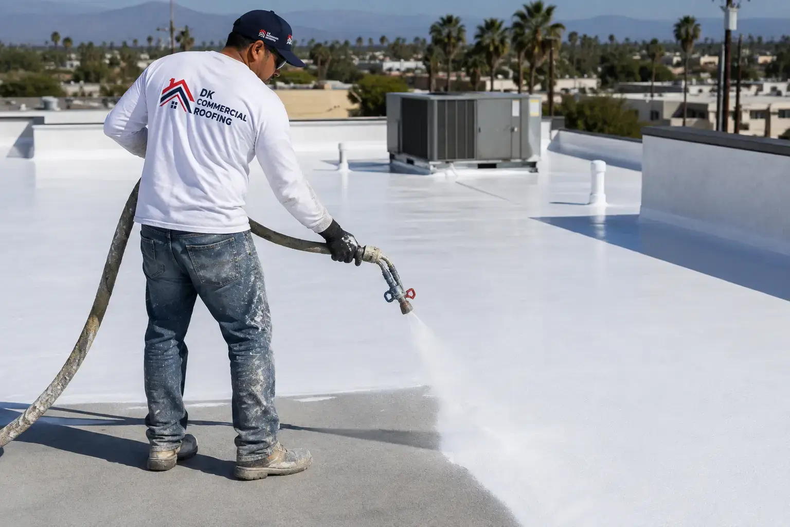 Commercial seamless roof coating application in Orange County