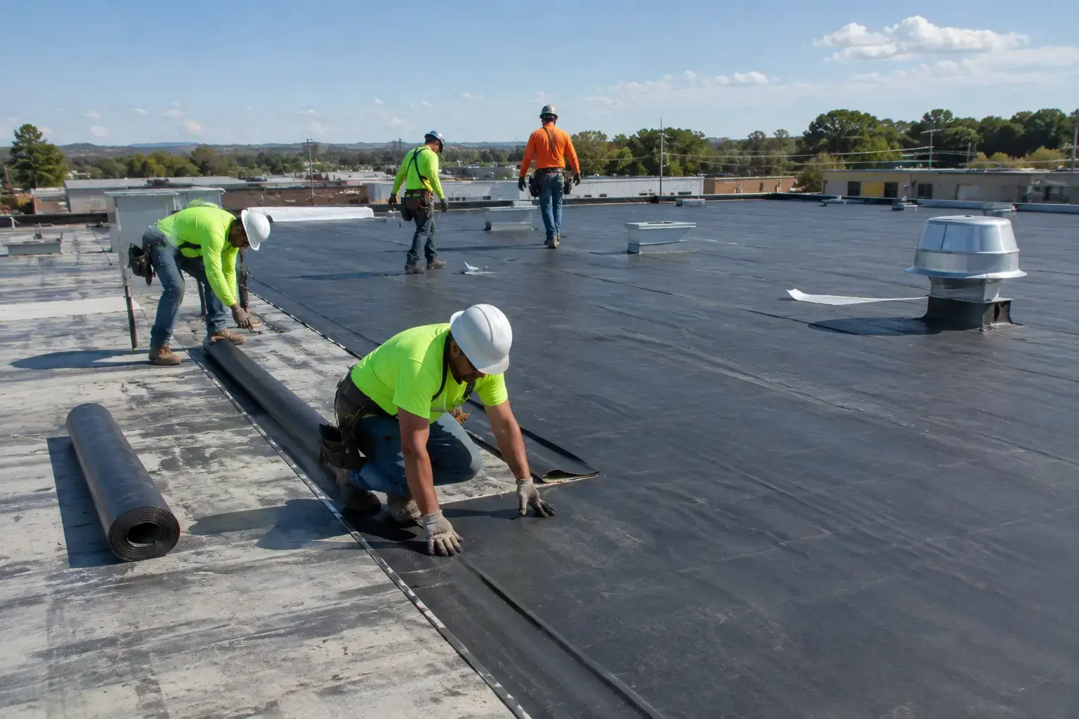 Commercial roofing crew working on an Orange County property